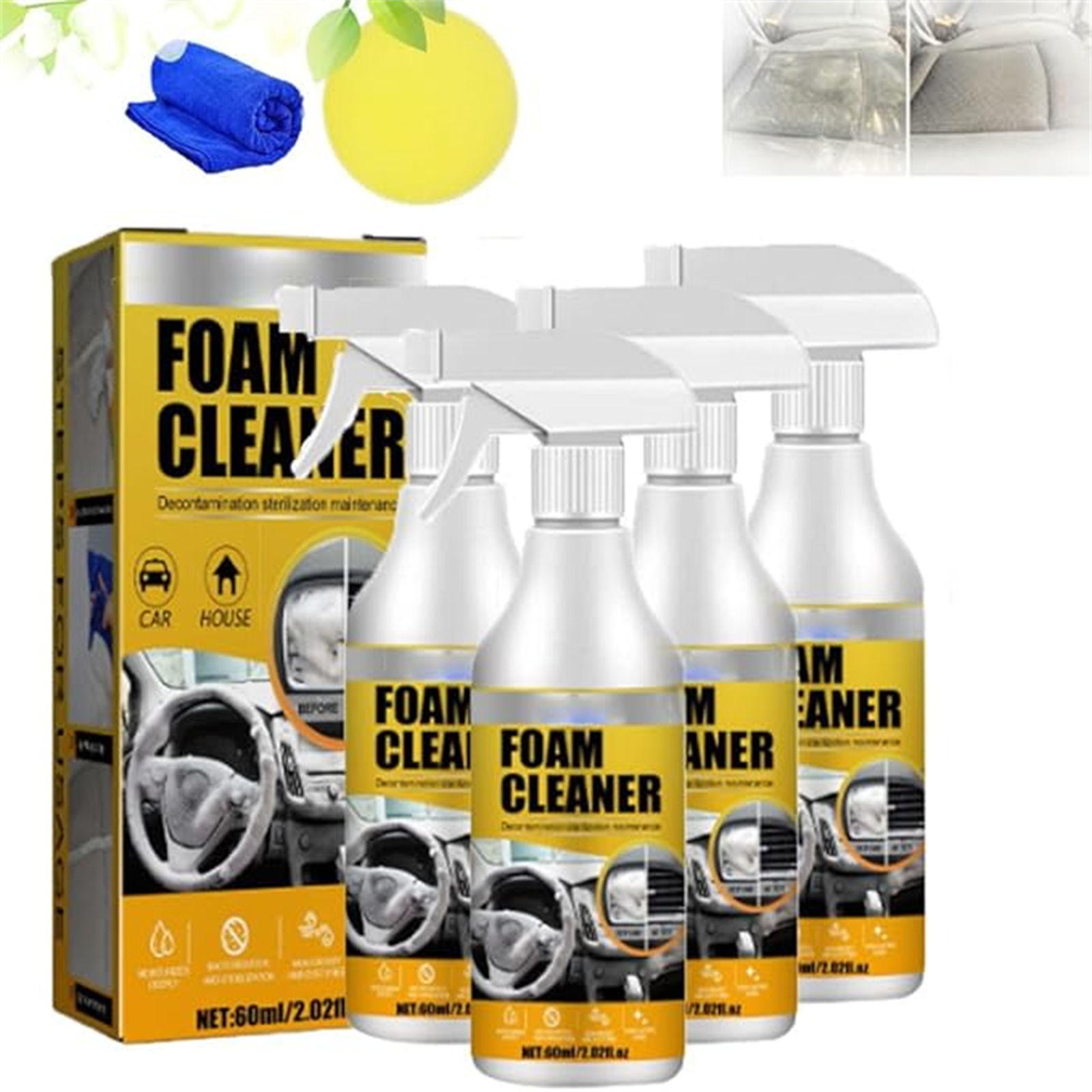 Multi Purpose Foam Cleaner Spray | All-Purpose Interior Cleaner for Car, Home, Furniture, Carpet, Glass, Metal, Plastic | Quick-Dry, Surface Safe | 60ml Bottle + Sponge + Cloth | Deep Cleaning